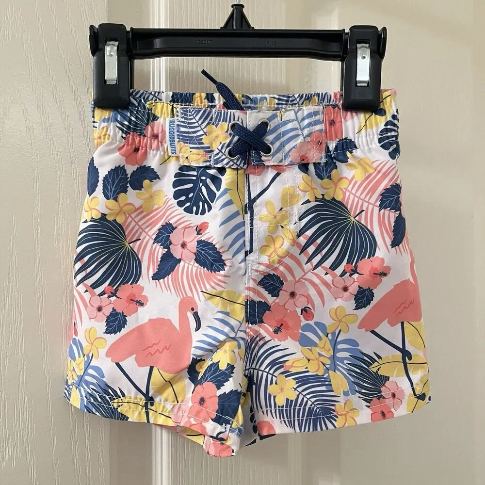 RuffleButts RuggedButts Tropical Flamingo Swim Trunks UPF 50+ Boys 6-12 Mos NWT